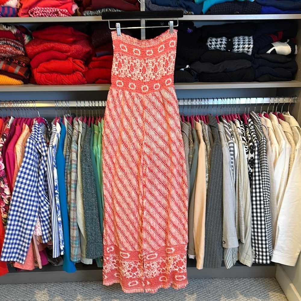 Free People pink/ivory print strapless smocked bodice jumpsuit size S